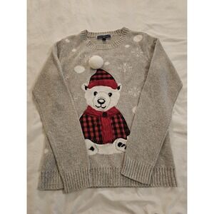 Karen Scott Polar Bear Sweater Women S Grey Plaid Hat 3D Pom Pom Holiday
